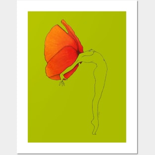 Orange red poppy flower head girl on olive green background · Flower Woman Poppy, clear illustration Posters and Art